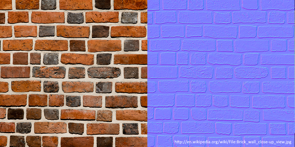 a picture of a brick wall next to a picture of the same wall in vertex normal mode