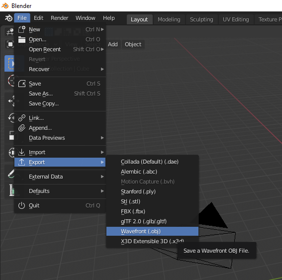 image showing the location of the export option in Blender