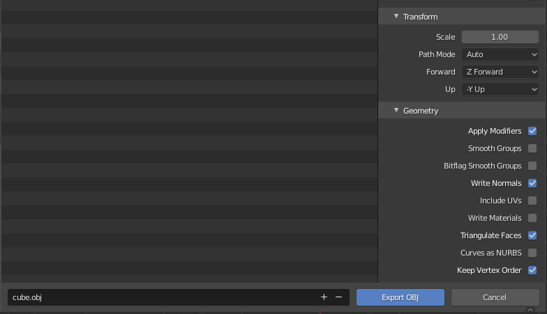 image showing the options used while exporting files in Blender